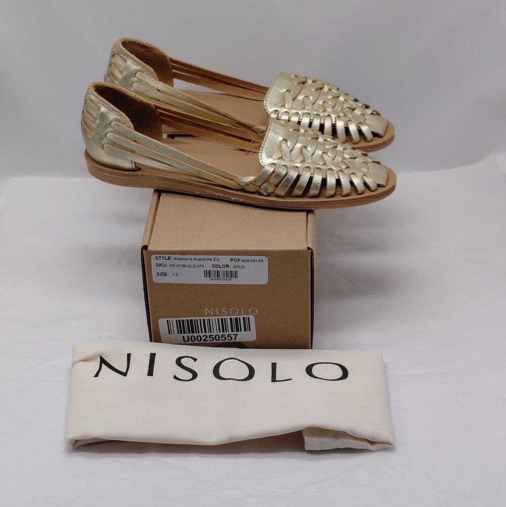 Nisolo Womens Huarache 2.0 Sandals Size 7.5 Gold Leather Boho Flats Woven Shoes